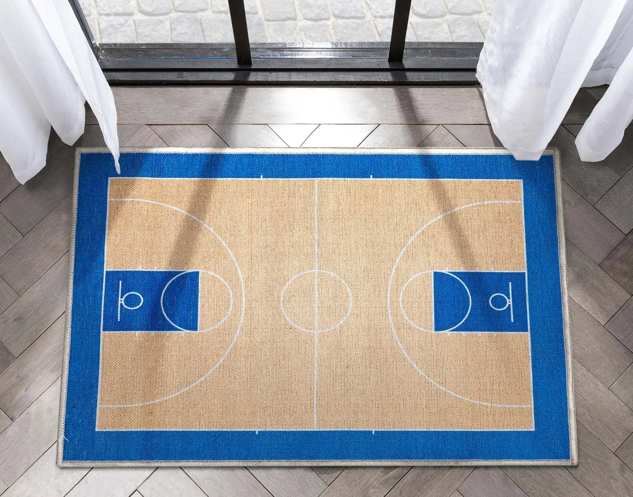 Apollo Basketball Tan Blue Flat-Weave Rug Well Woven
