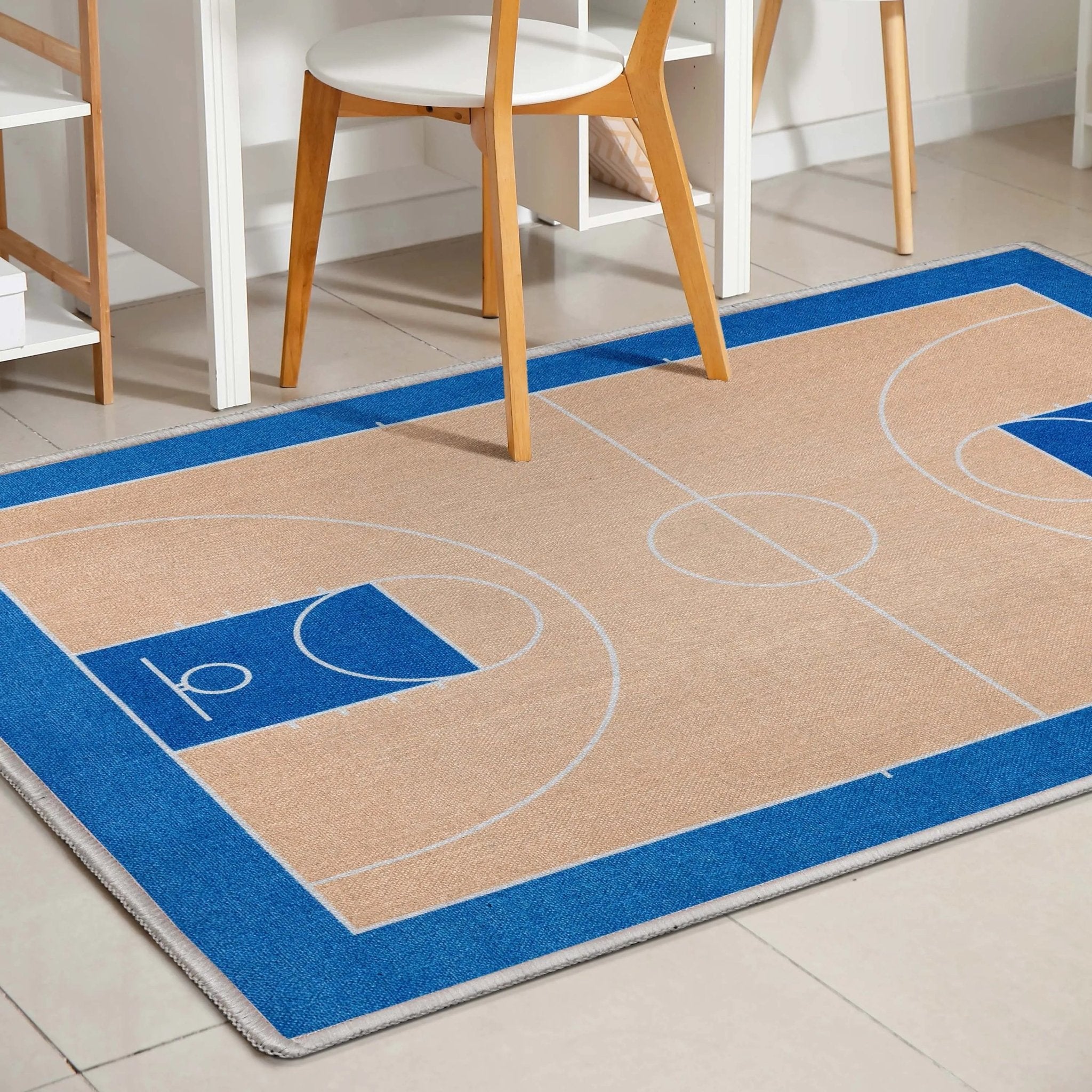 Apollo Basketball Tan Blue Flat-Weave Rug Well Woven