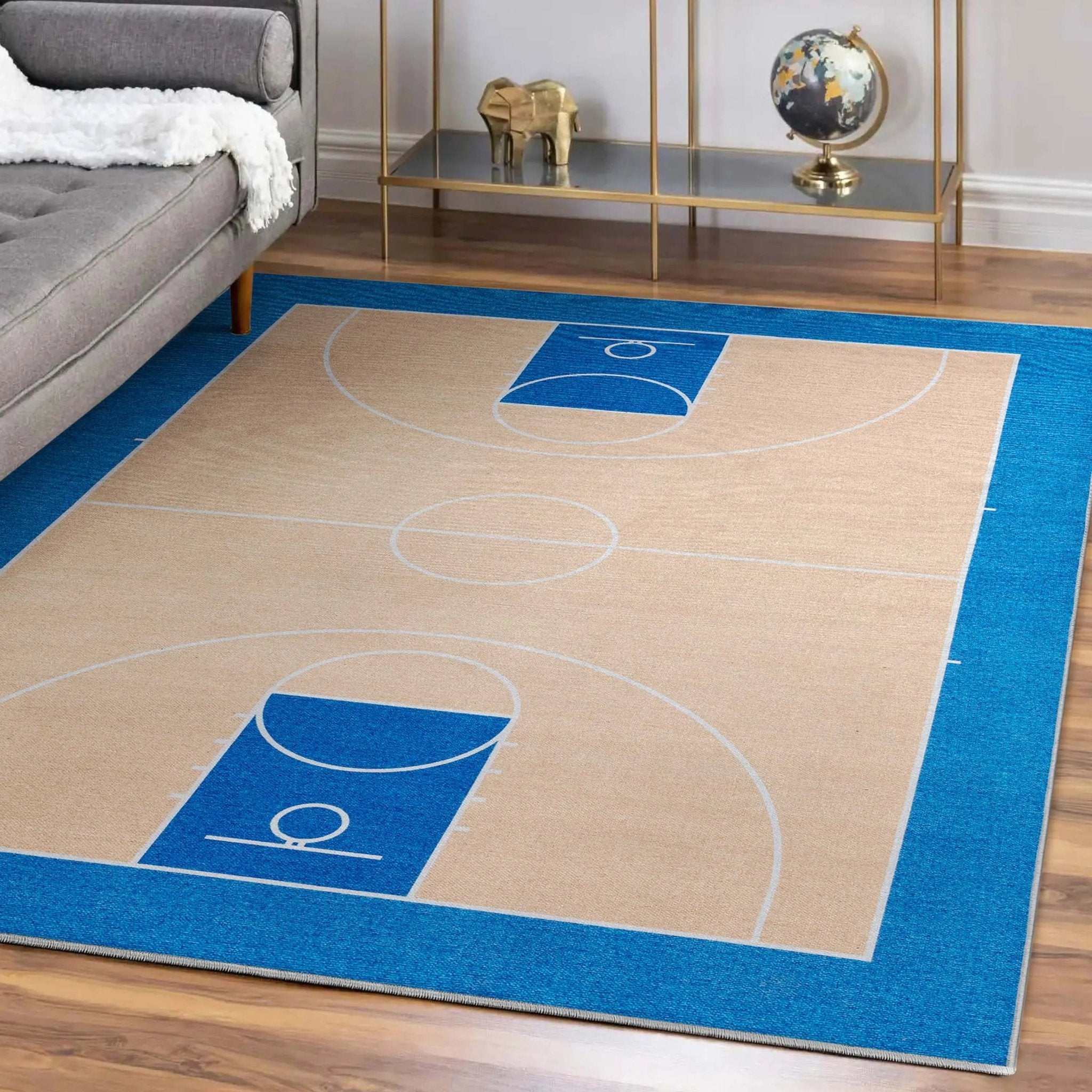 Apollo Basketball Tan Blue Flat-Weave Rug Well Woven