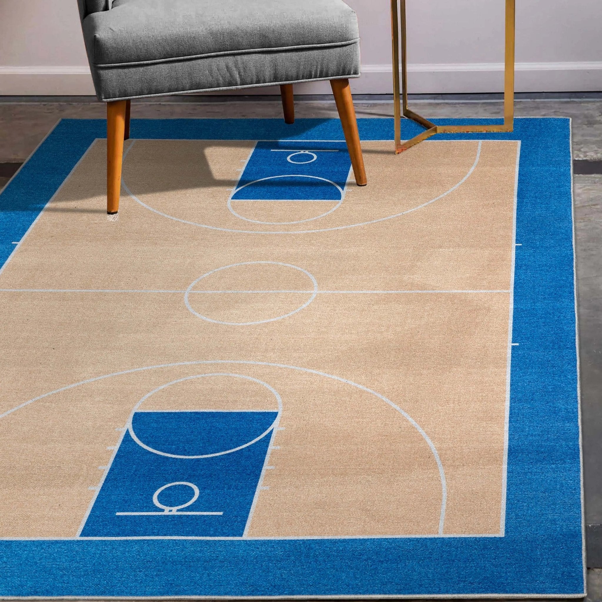 Apollo Basketball Tan Blue Flat-Weave Rug Well Woven