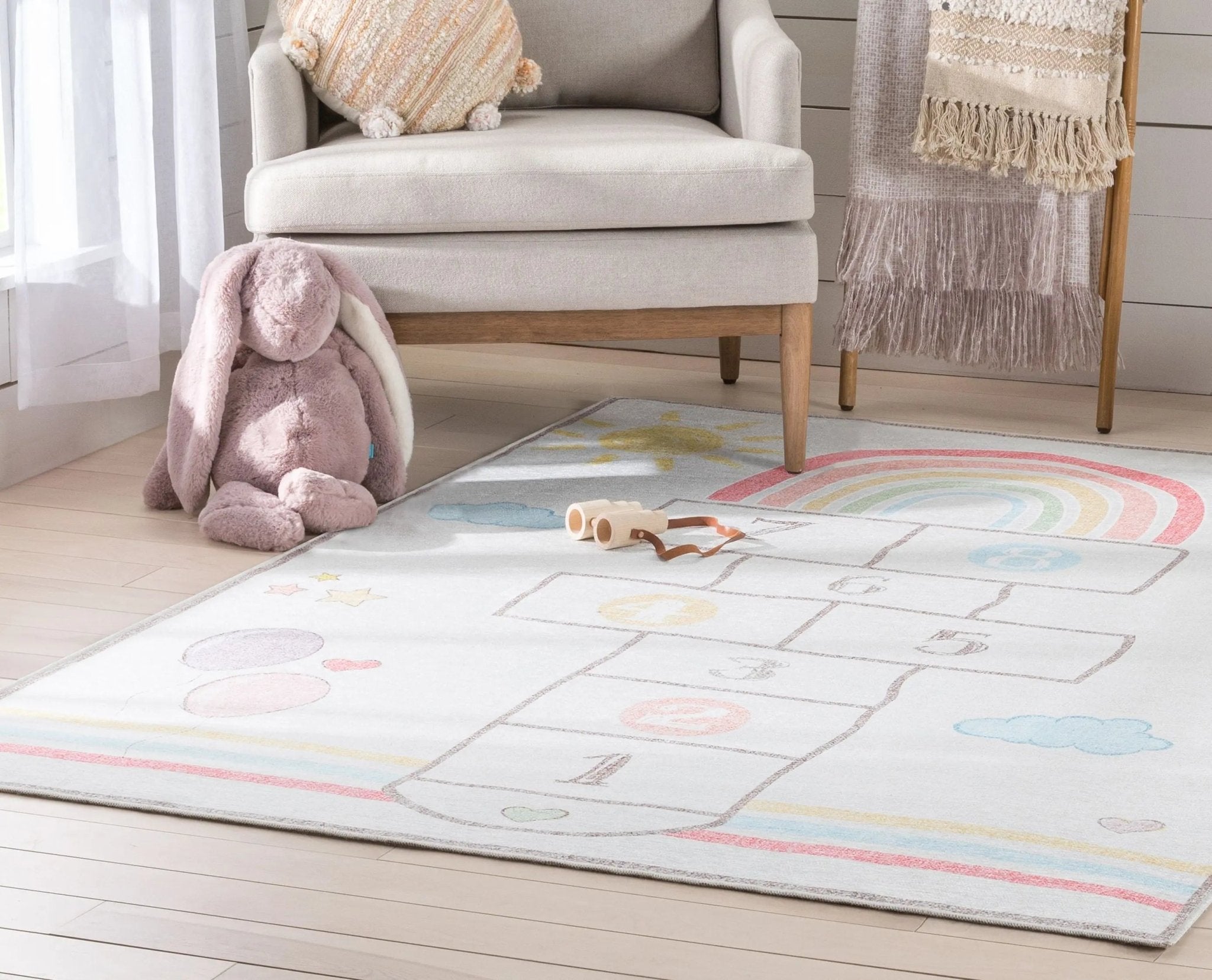 Hopscotch Rainbow Modern Multi Beige Kids Flat-Weave Rug Well Woven