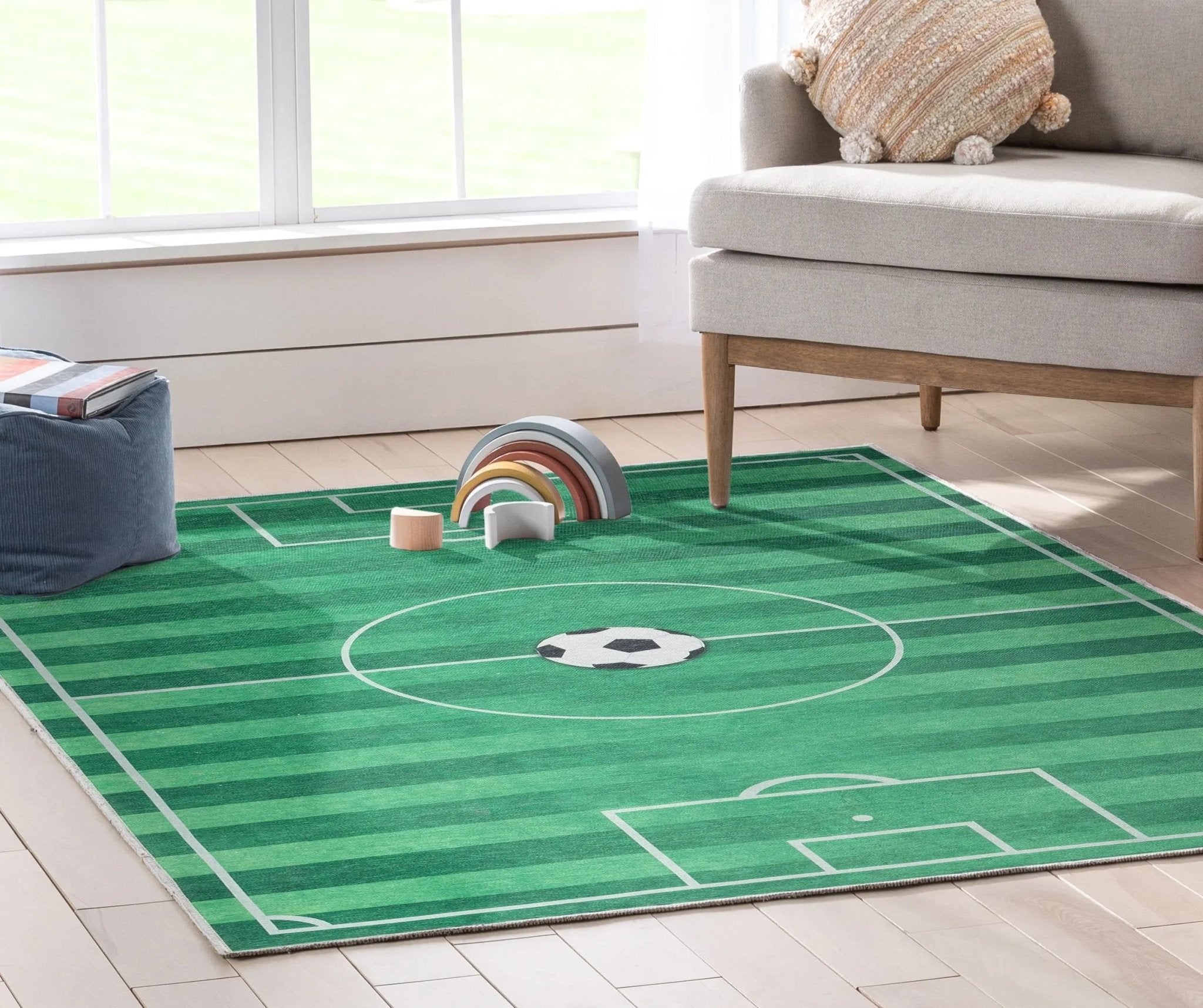 Soccer Field Modern Green Kids Flat-Weave Rug Well Woven