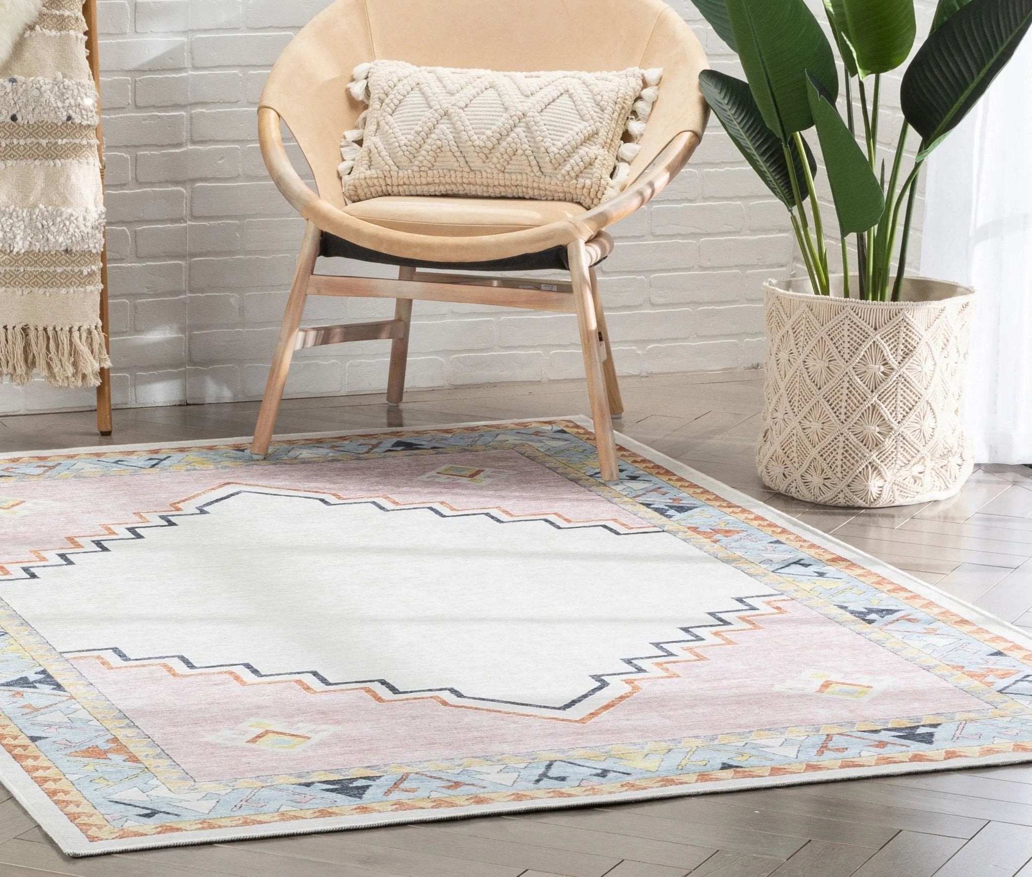 Ethnic Soft Medallion Modern Pink Beige Kids Flat-Weave Rug Well Woven