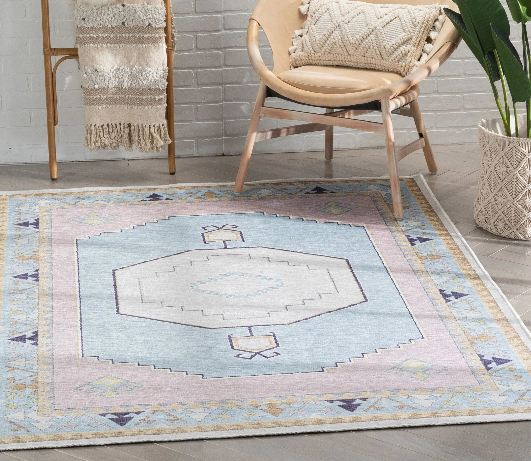Ethnic Soft Medallion Modern Pink Light Blue Kids Flat-Weave Rug Well Woven