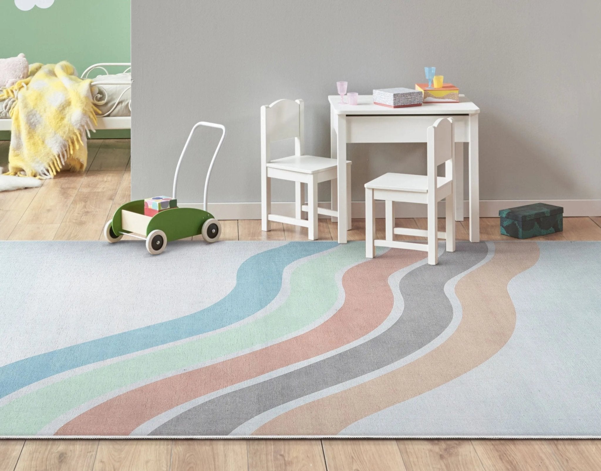 Curved Rainbow Modern Multi Color Pastel Area Flat-Weave Rug Well Woven