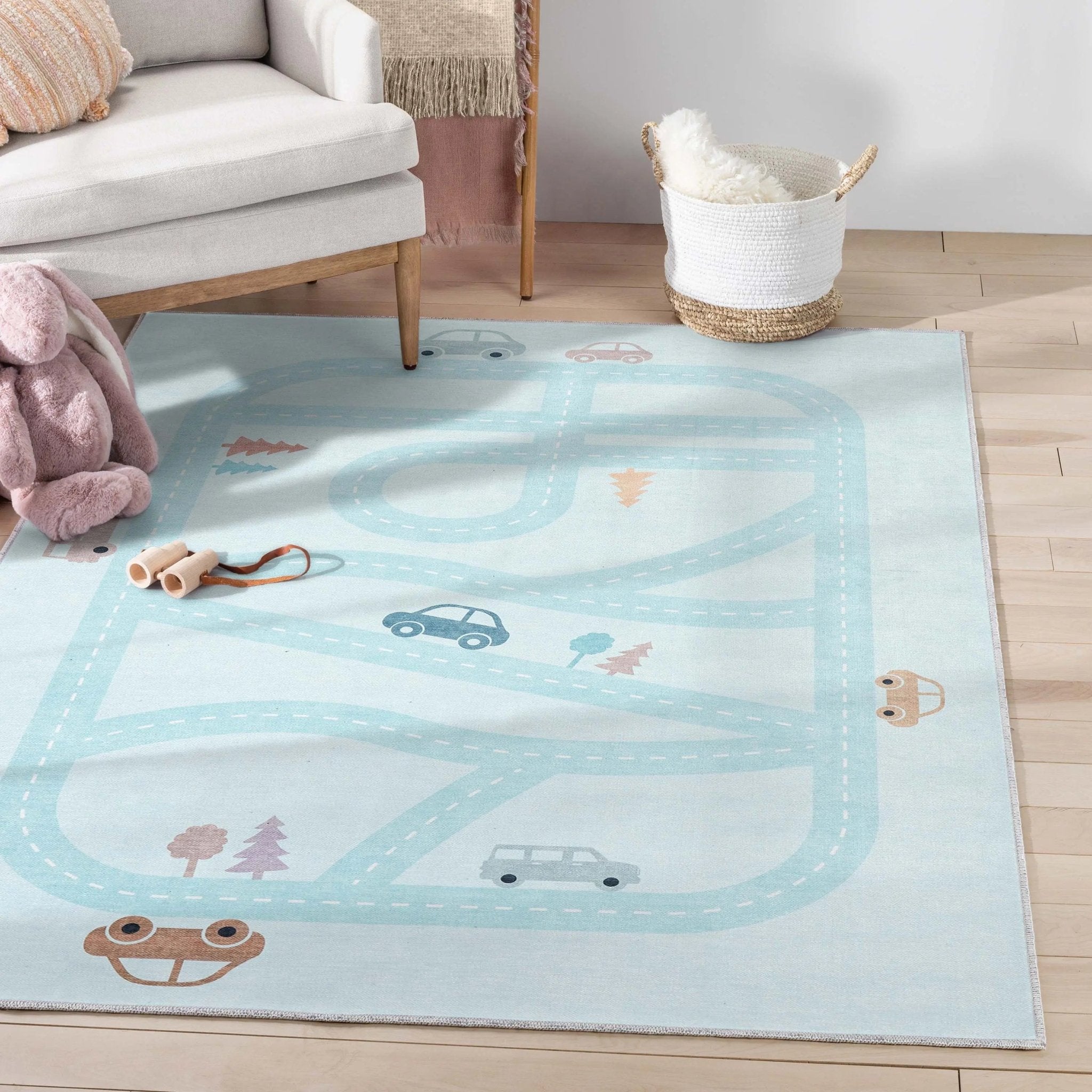Kids Rugs Playful Roads Modern Blue Washable Flat-Weave Area Rug W
