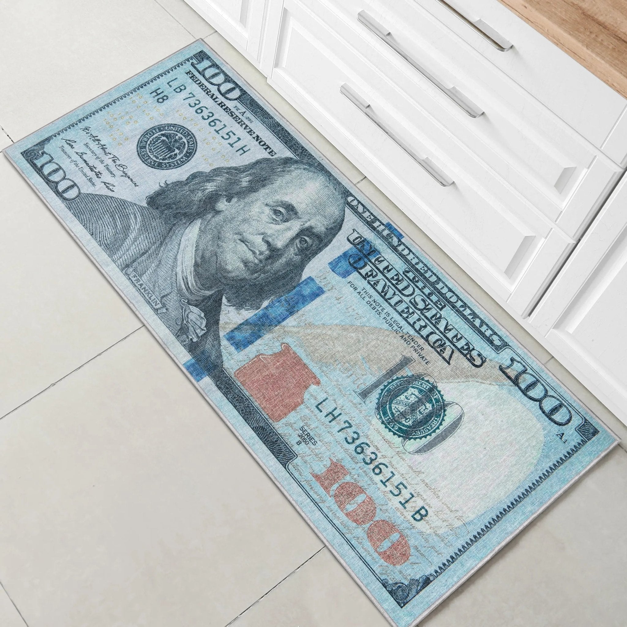 New Hundred Dollar Bill Green Blue Novelty Runner Flat-Weave Rug Well Woven