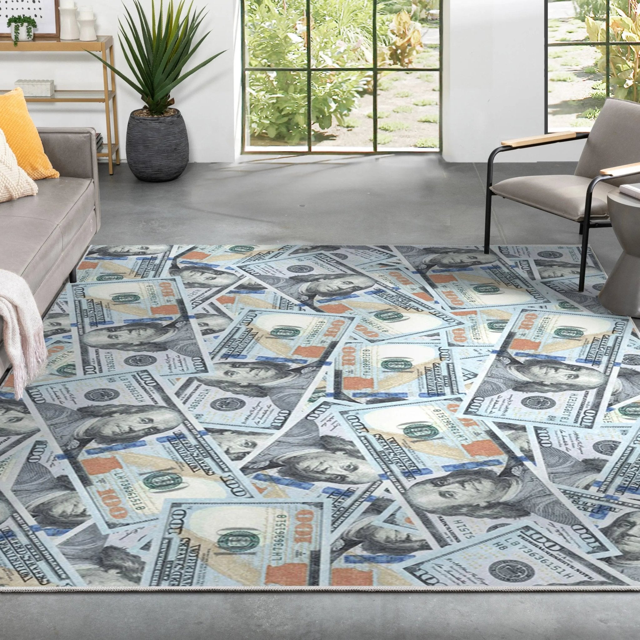New Hundred Dollar Bill Stacked Green Blue Area Flat-Weave Rug Well Woven