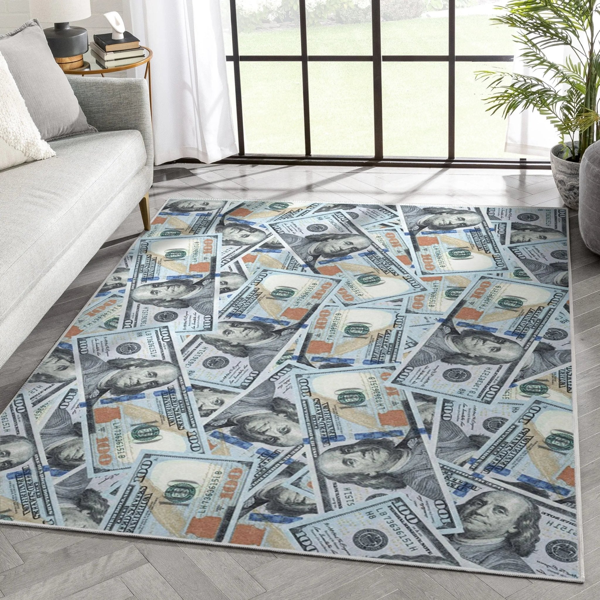 New Hundred Dollar Bill Stacked Green Blue Area Flat-Weave Rug Well Woven