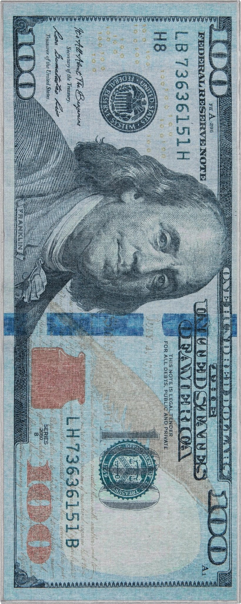 New Hundred Dollar Bill Green Blue Novelty Runner Flat-Weave Rug Well Woven