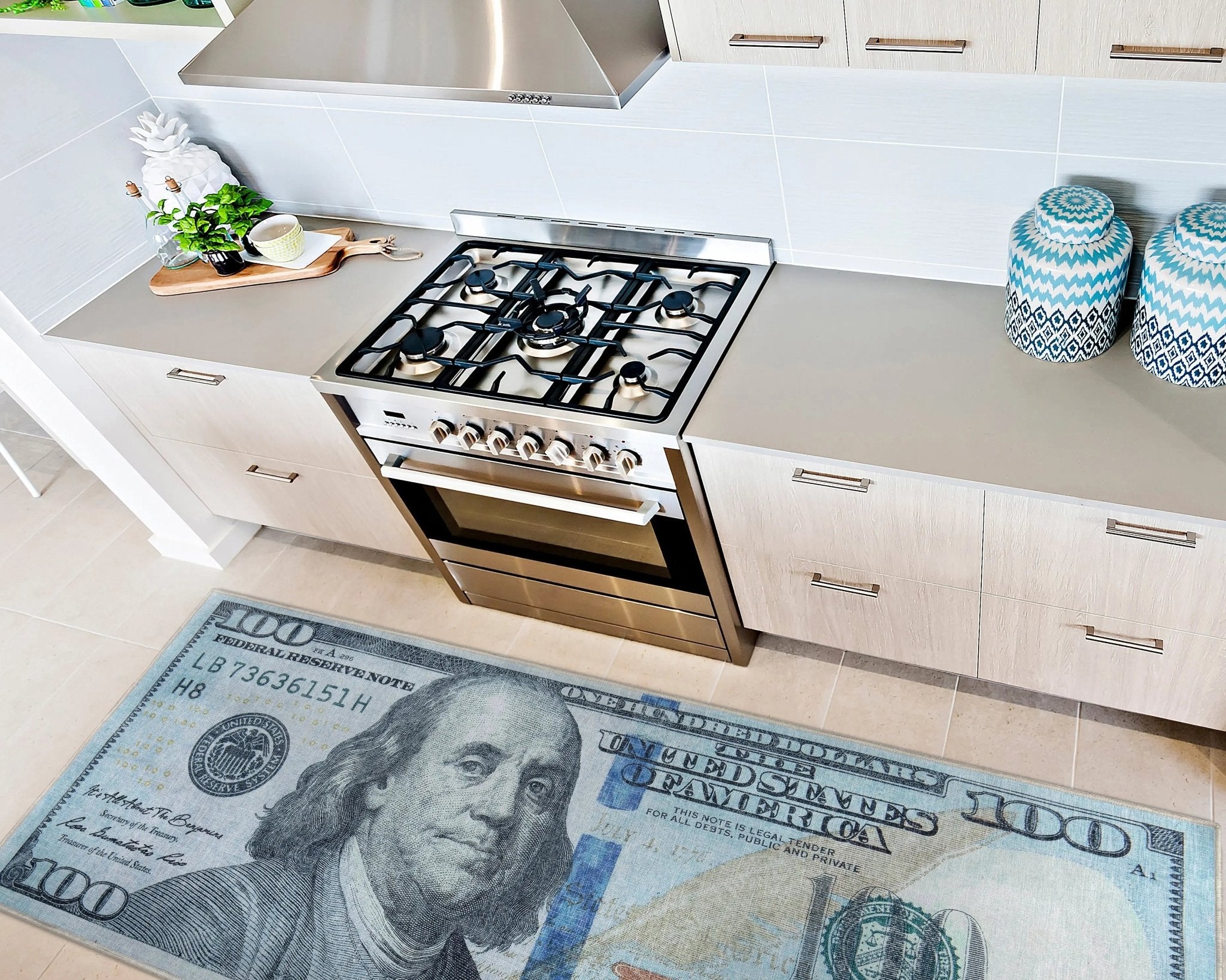 New Hundred Dollar Bill Green Blue Novelty Runner Flat-Weave Rug Well Woven