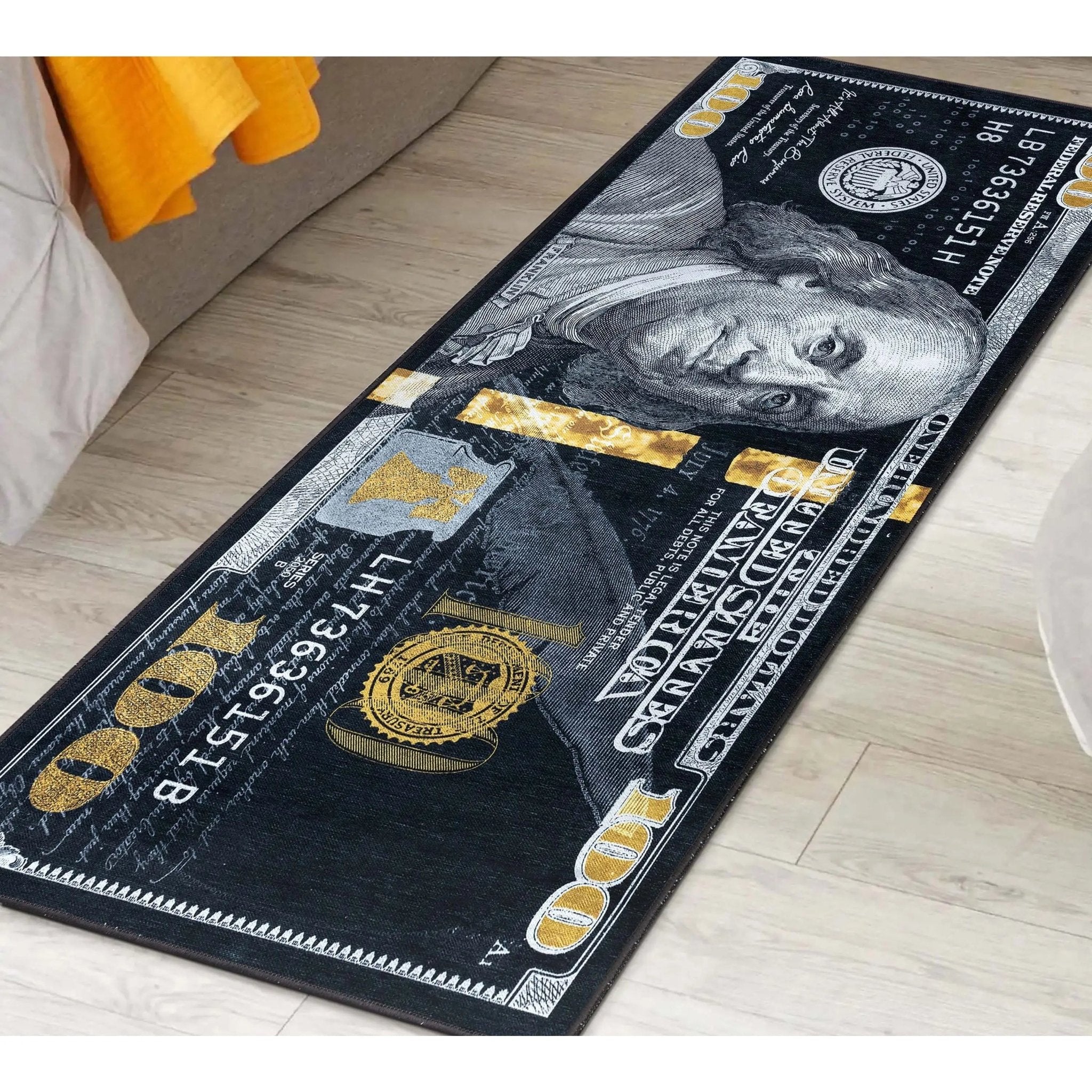 New Hundred Dollar Bill Black Black Novelty Runner Flat-Weave Rug Well Woven
