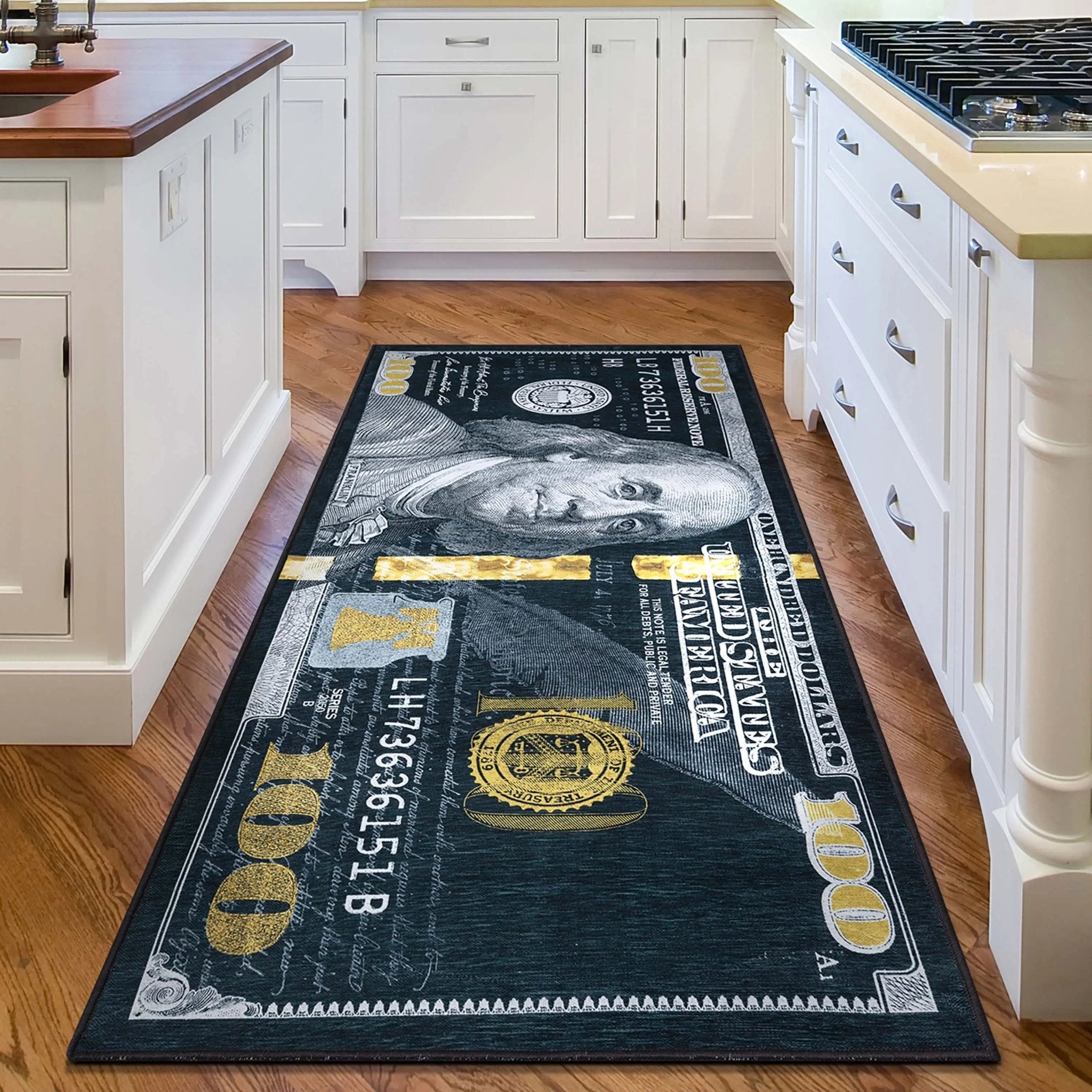 New Hundred Dollar Bill Black Black Novelty Runner Flat-Weave Rug Well Woven