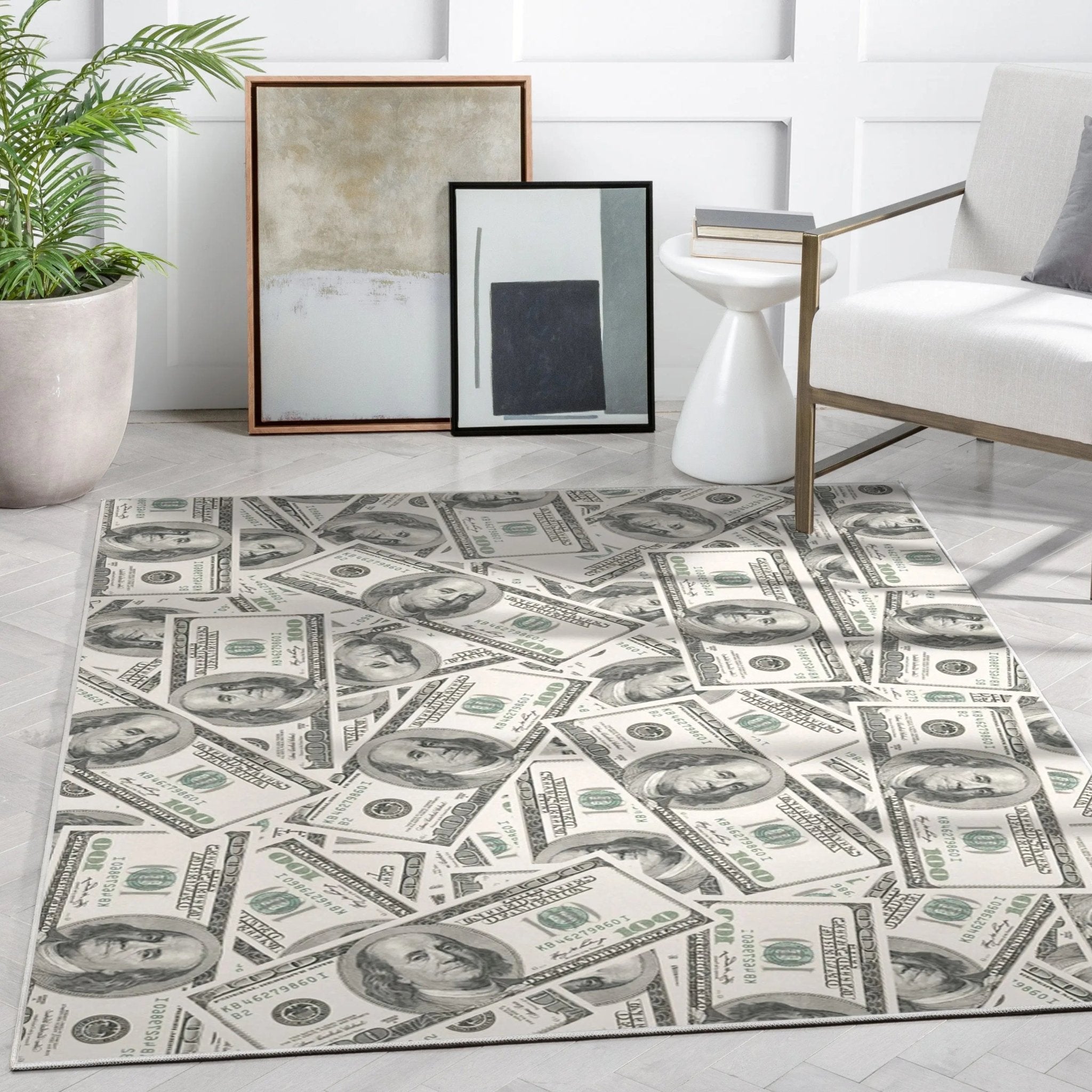 Classic Hundred Dollar Bill 2006A Stacked Green Area Flat-Weave Rug Well Woven