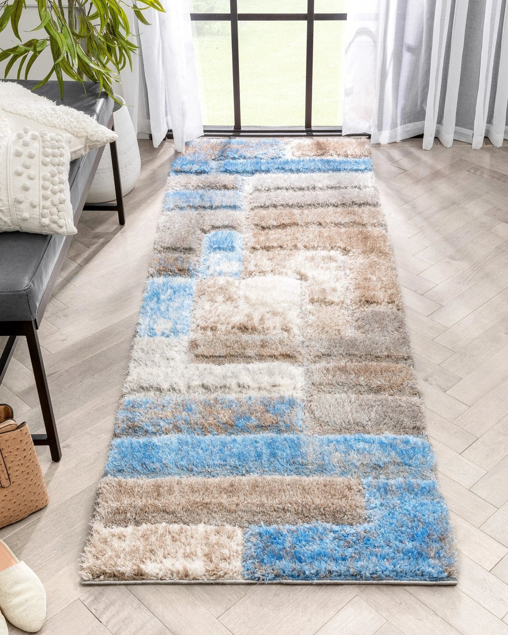 Kenzo Retro Geometric Pattern 3D Textured Shag Grey Light Blue Rug Well Woven