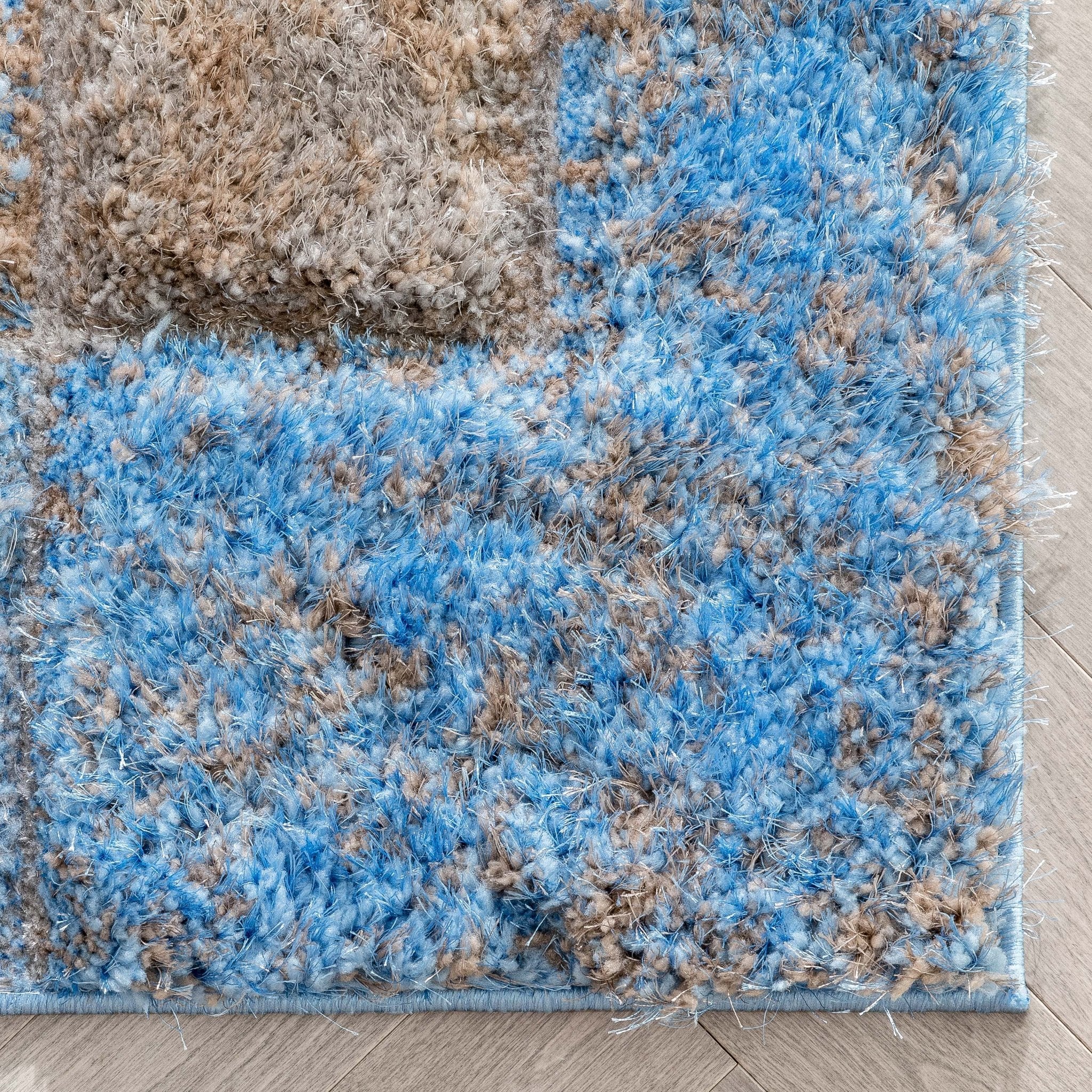 Kenzo Retro Geometric Pattern 3D Textured Shag Grey Light Blue Rug Well Woven