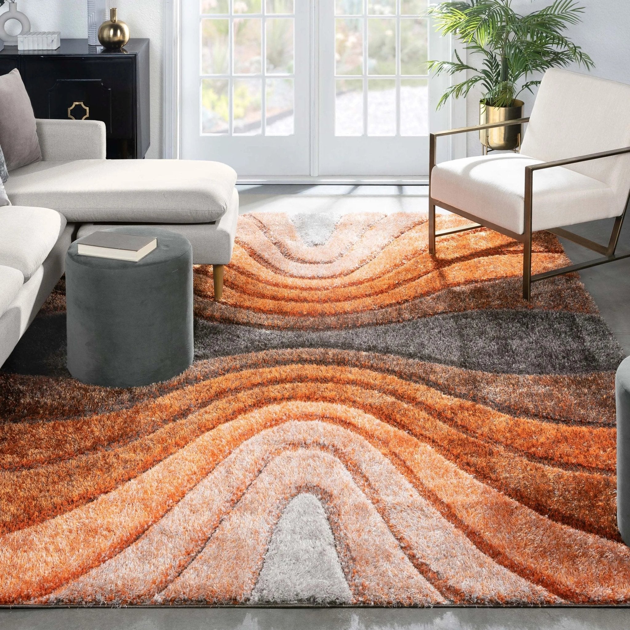 Luz Modern Geometric Grey Orange 3D Textured Thick & Soft Shag Rug Well Woven