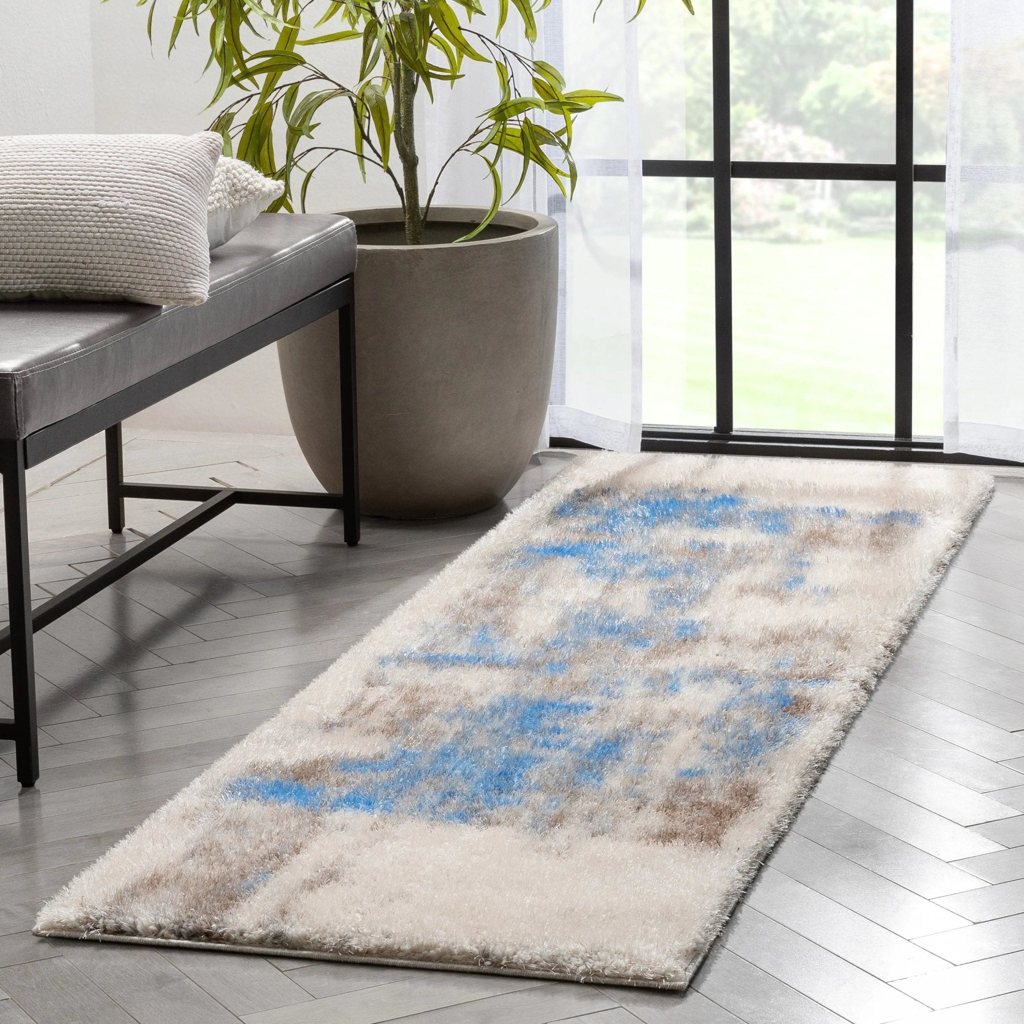 Sariah Modern Abstract Ivory Blue Shag Rug Well Woven