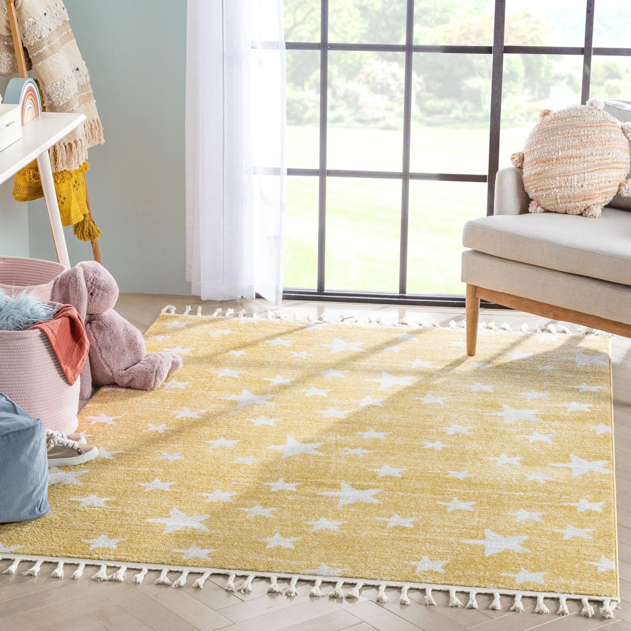Stars Modern Geometric Yellow Kids Rug Well Woven