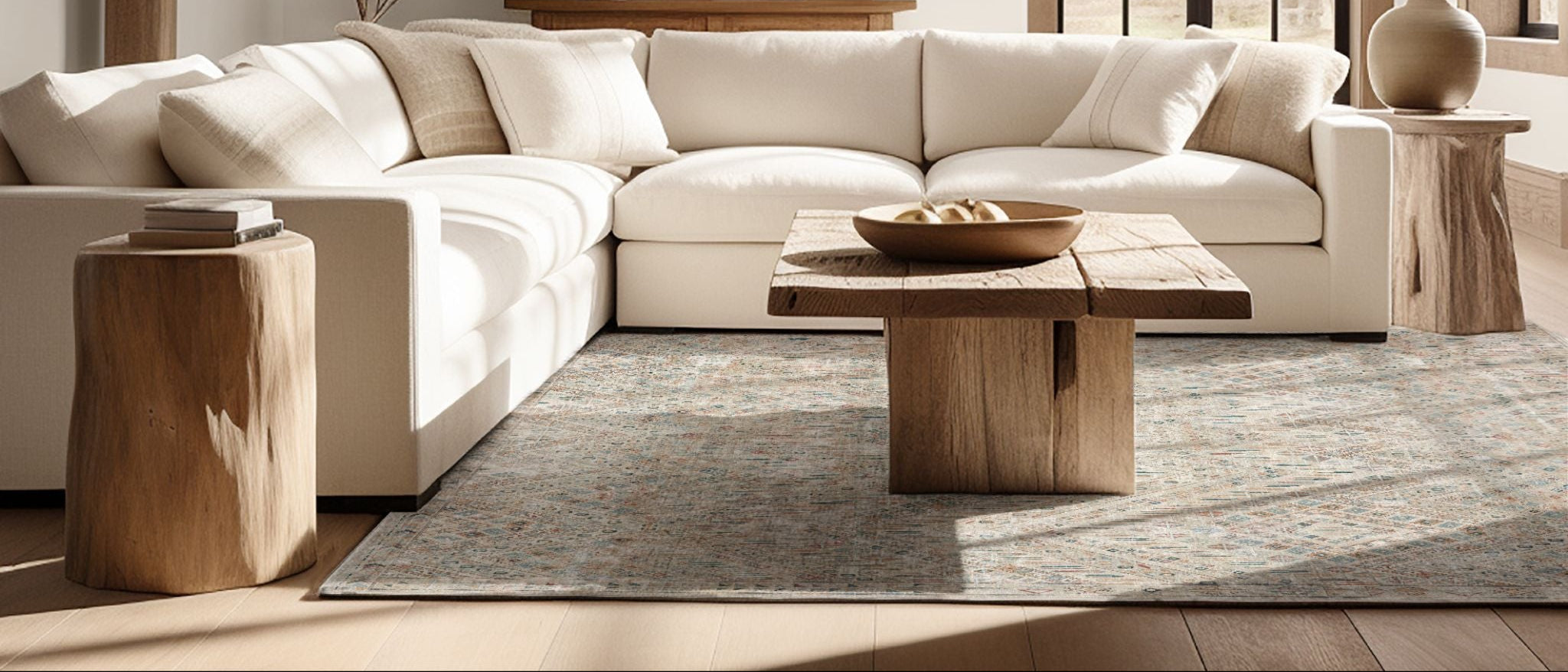 Modern living room with a white sectional sofa, wooden coffee table, patterend area rug and decorative elements.