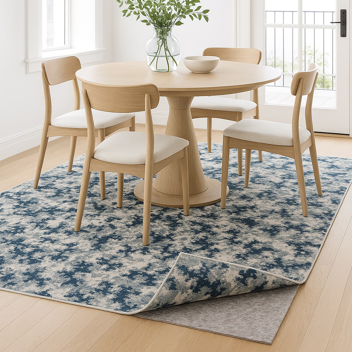 Dining room with a round wooden table and four chairs on a blue abstract patterned rug.