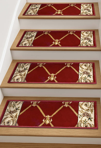 Fleur De Lis Red Stair Tread Rugs - Well Woven - Fleur De Lis Red Stair Tread Rugs on wooden stairs