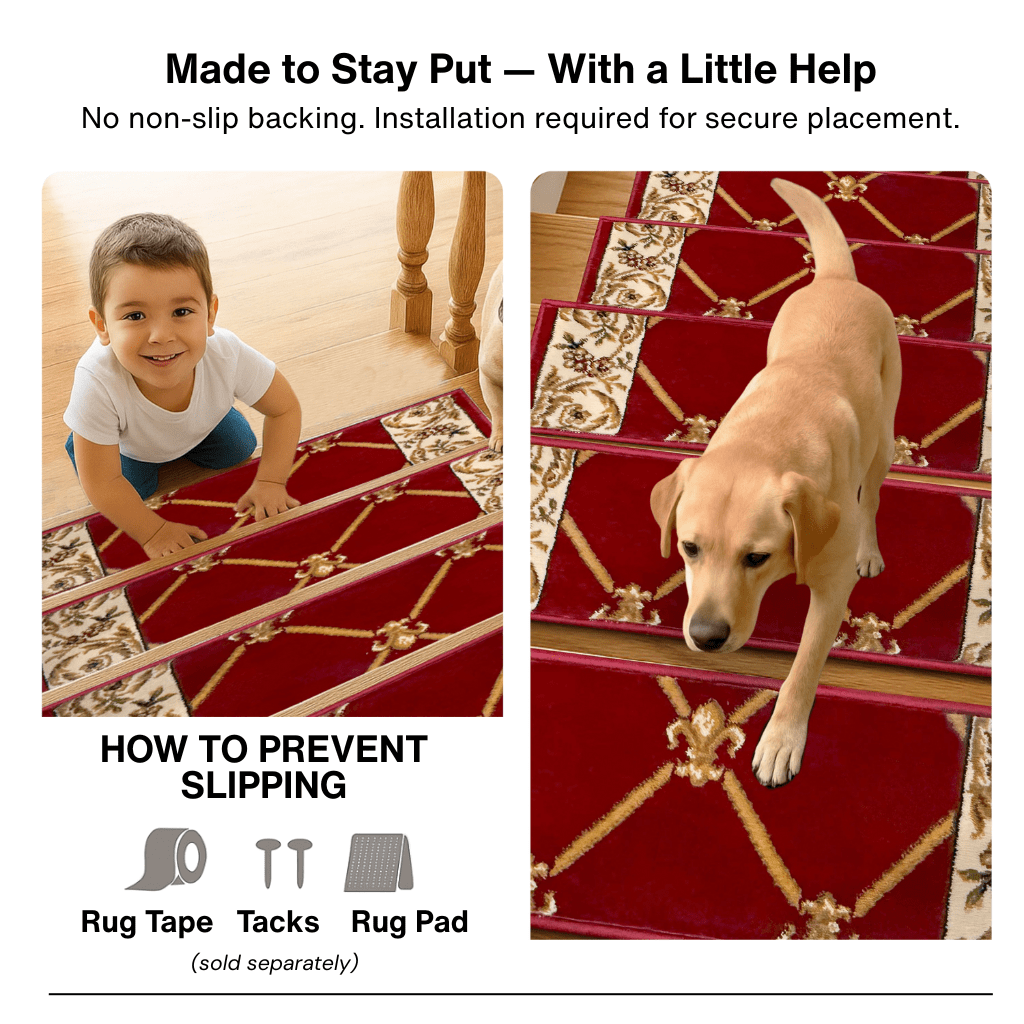 Red stair tread rugs with text about no non-slip backing and installation, showing a child and dog on the rugs.