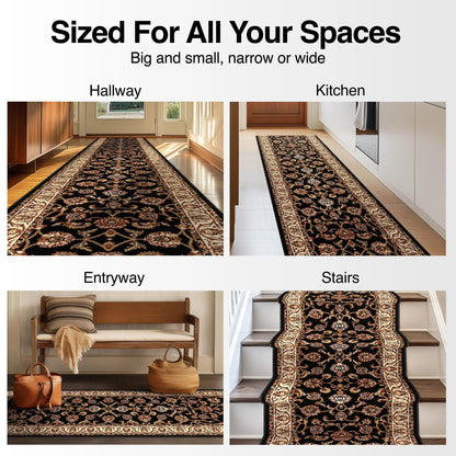 Sarouk Custom Size Runner Traditional Black 27 Inch Wide x Choose Your Length Hallway Runner Rug Well Woven
