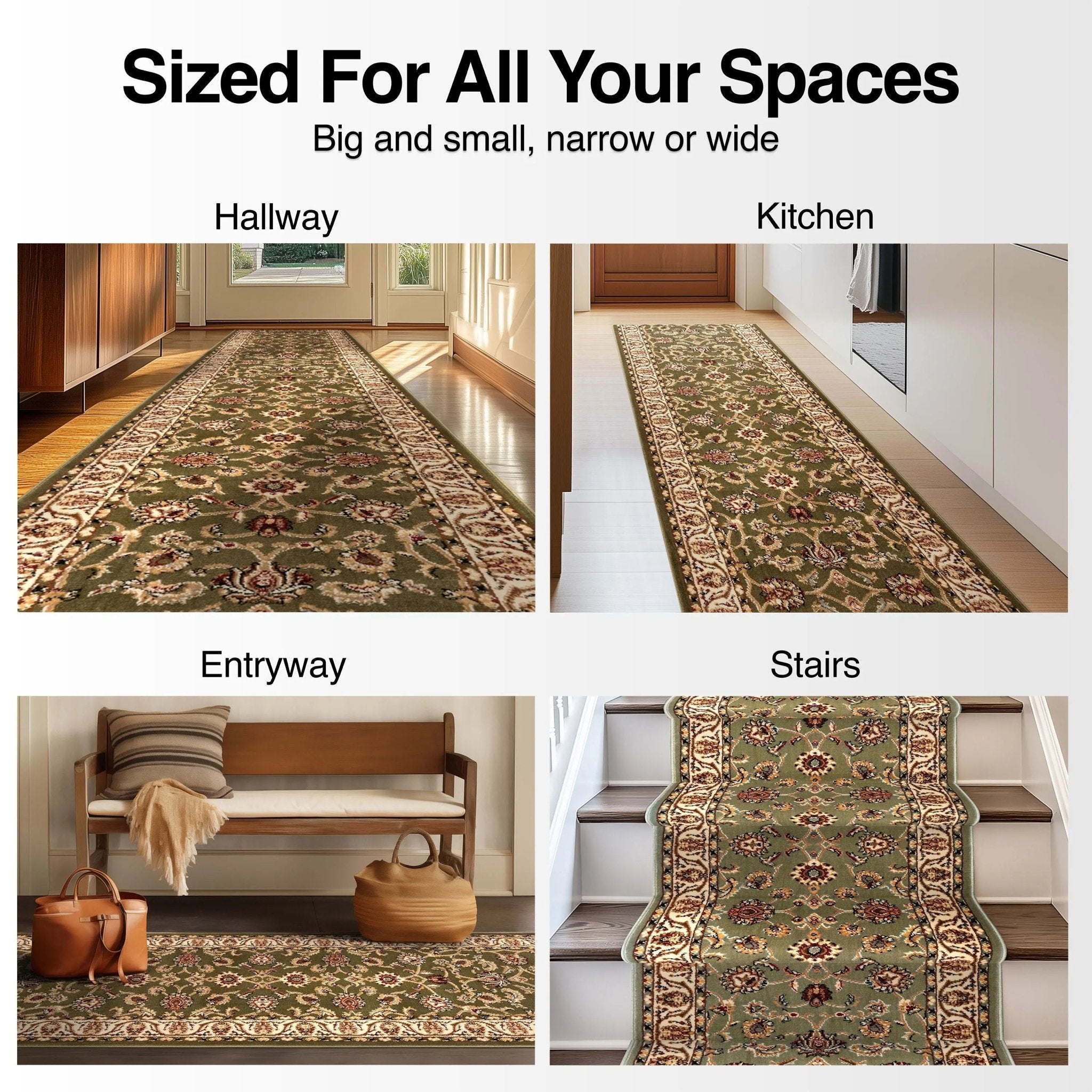 Sarouk Custom Size Runner Traditional Green 27 Inch Wide x Choose Your Length Hallway Runner Rug Well Woven