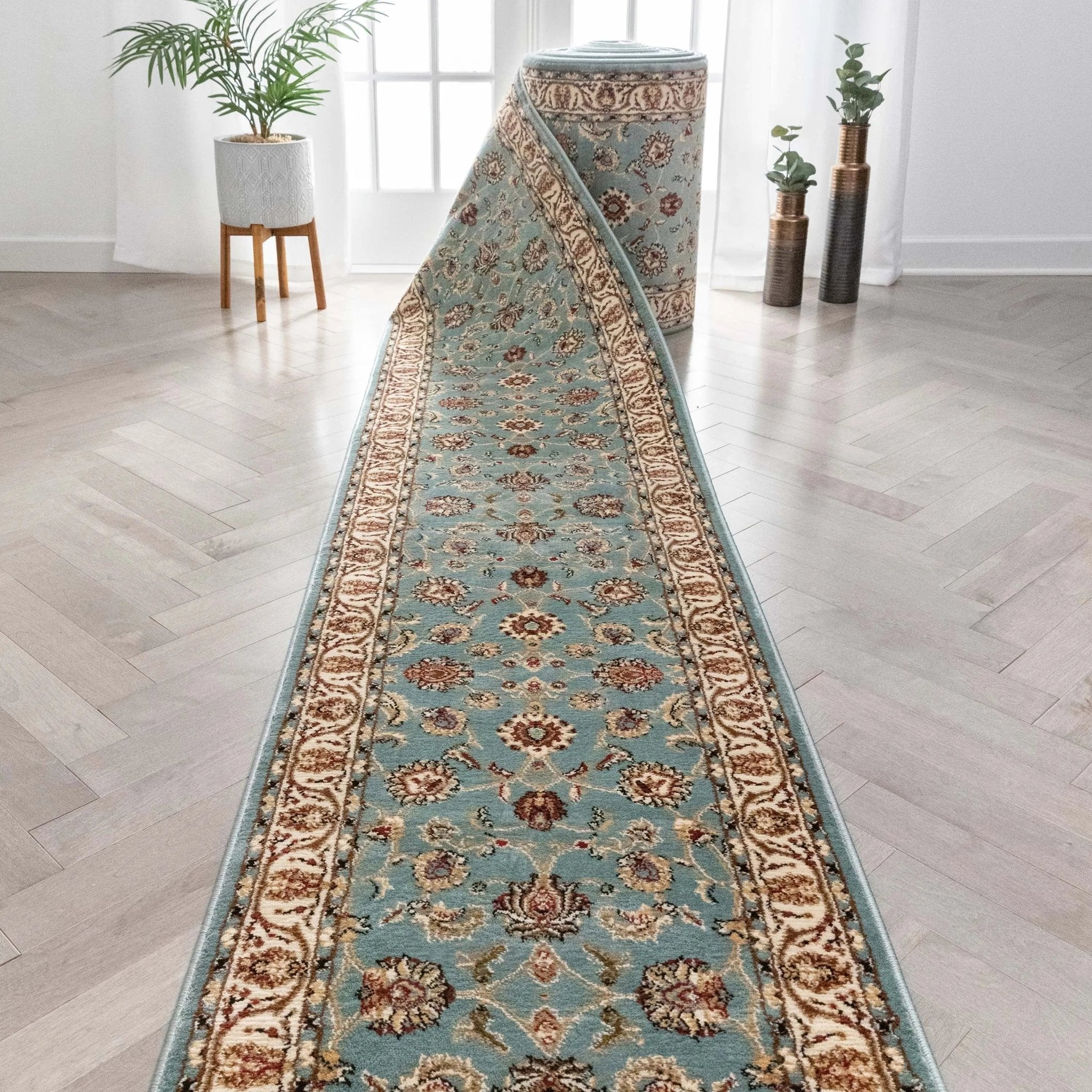 Sarouk Custom Size Runner Traditional Light Blue 27 Inch Wide x Choose Your Length Hallway Runner Rug Well Woven
