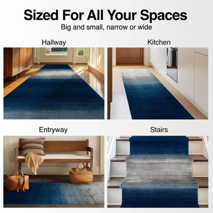 Custom Size Runner Emine Abstract Ombre Modern Blue 27 Inch Wide x Choose Your Length Hallway Runner Rug Well Woven