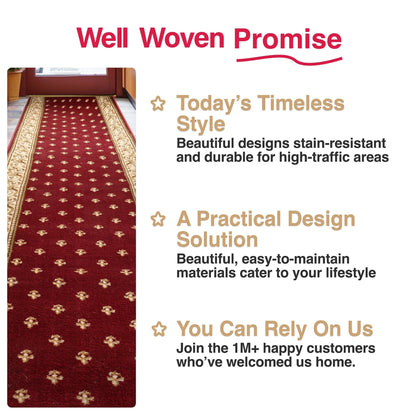 Custom Size Hallway & Stair Runner Fleur de Lis Traditional Red 27 Inch Wide x Choose Your Custom Length Runner Rug Well Woven