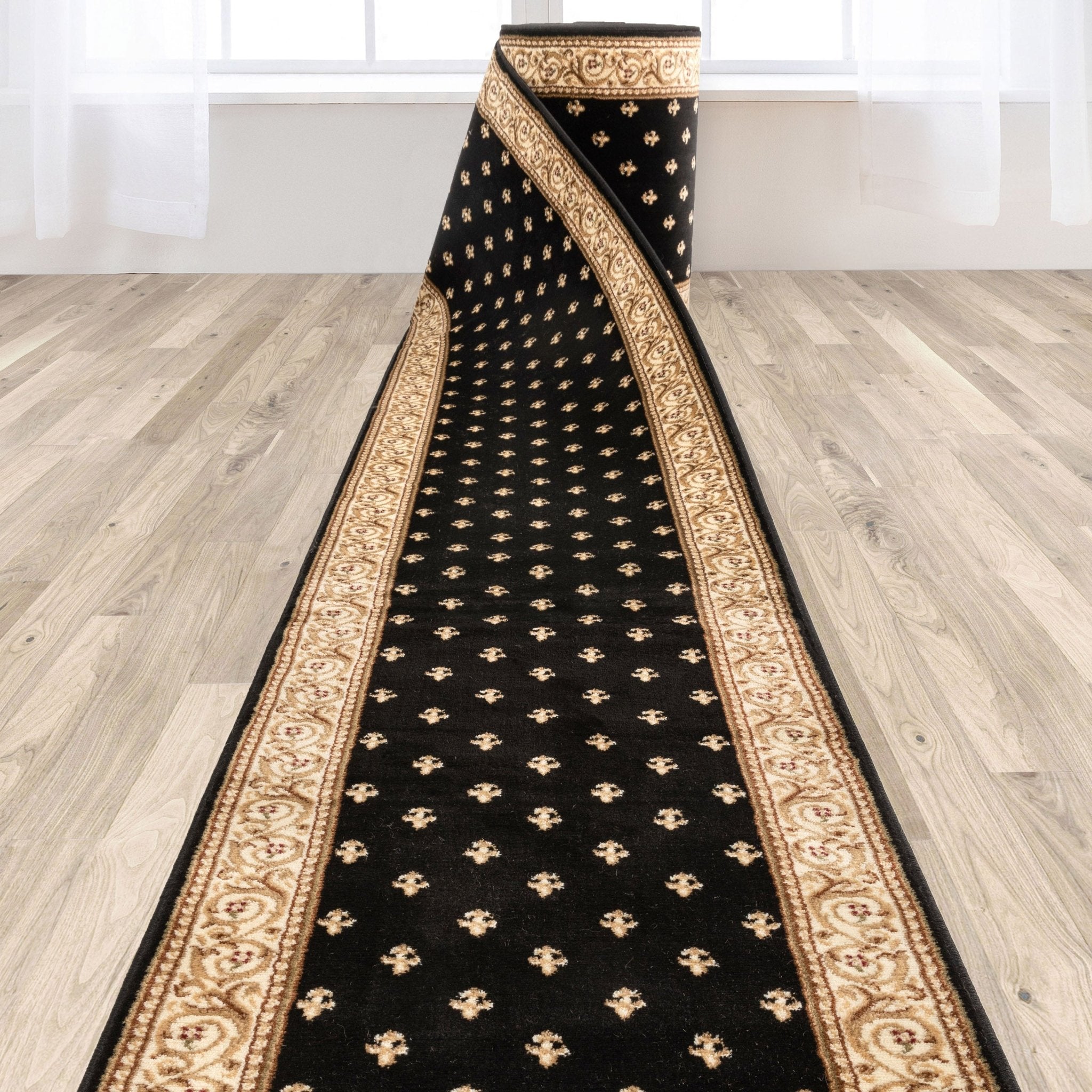 Custom Size Hallway & Stair Runner Fleur de Lis Traditional Black  27 Inch Wide x Choose Your Custom Length Runner Rug Well Woven