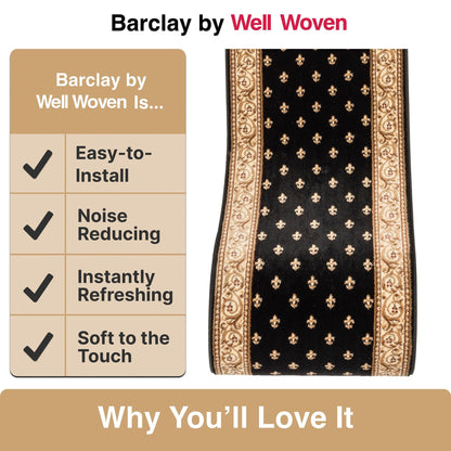 Custom Size Hallway & Stair Runner Fleur de Lis Traditional Black  27 Inch Wide x Choose Your Custom Length Runner Rug Well Woven