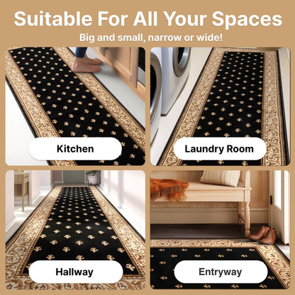 Custom Size Hallway & Stair Runner Fleur de Lis Traditional Black  27 Inch Wide x Choose Your Custom Length Runner Rug Well Woven