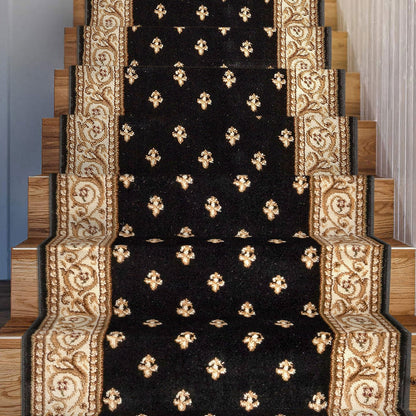 Custom Size Hallway & Stair Runner Fleur de Lis Traditional Black  27 Inch Wide x Choose Your Custom Length Runner Rug Well Woven