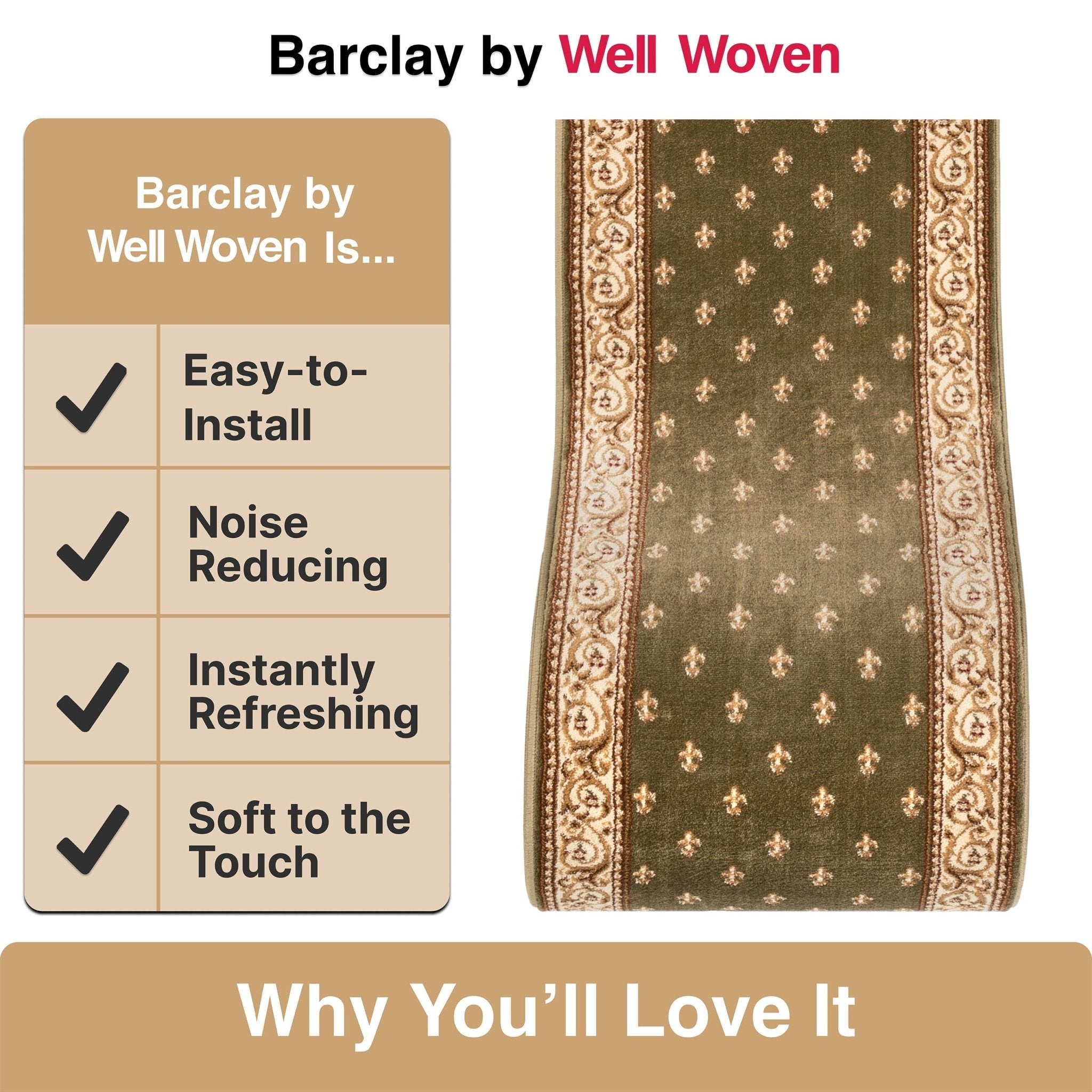 Custom Size Hallway & Stair Runner Fleur de Lis Traditional Green 27 Inch Wide x Choose Your Custom Length Runner Rug Well Woven