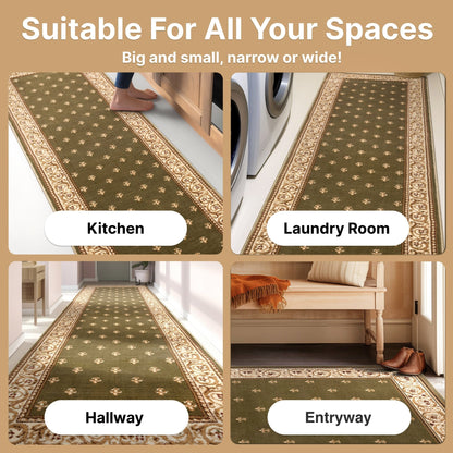 Custom Size Hallway & Stair Runner Fleur de Lis Traditional Green 27 Inch Wide x Choose Your Custom Length Runner Rug Well Woven