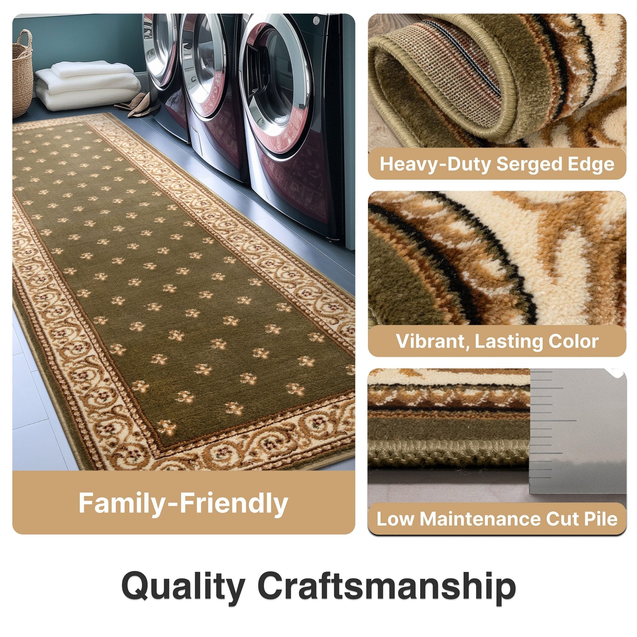 Custom Size Hallway & Stair Runner Fleur de Lis Traditional Green 27 Inch Wide x Choose Your Custom Length Runner Rug Well Woven