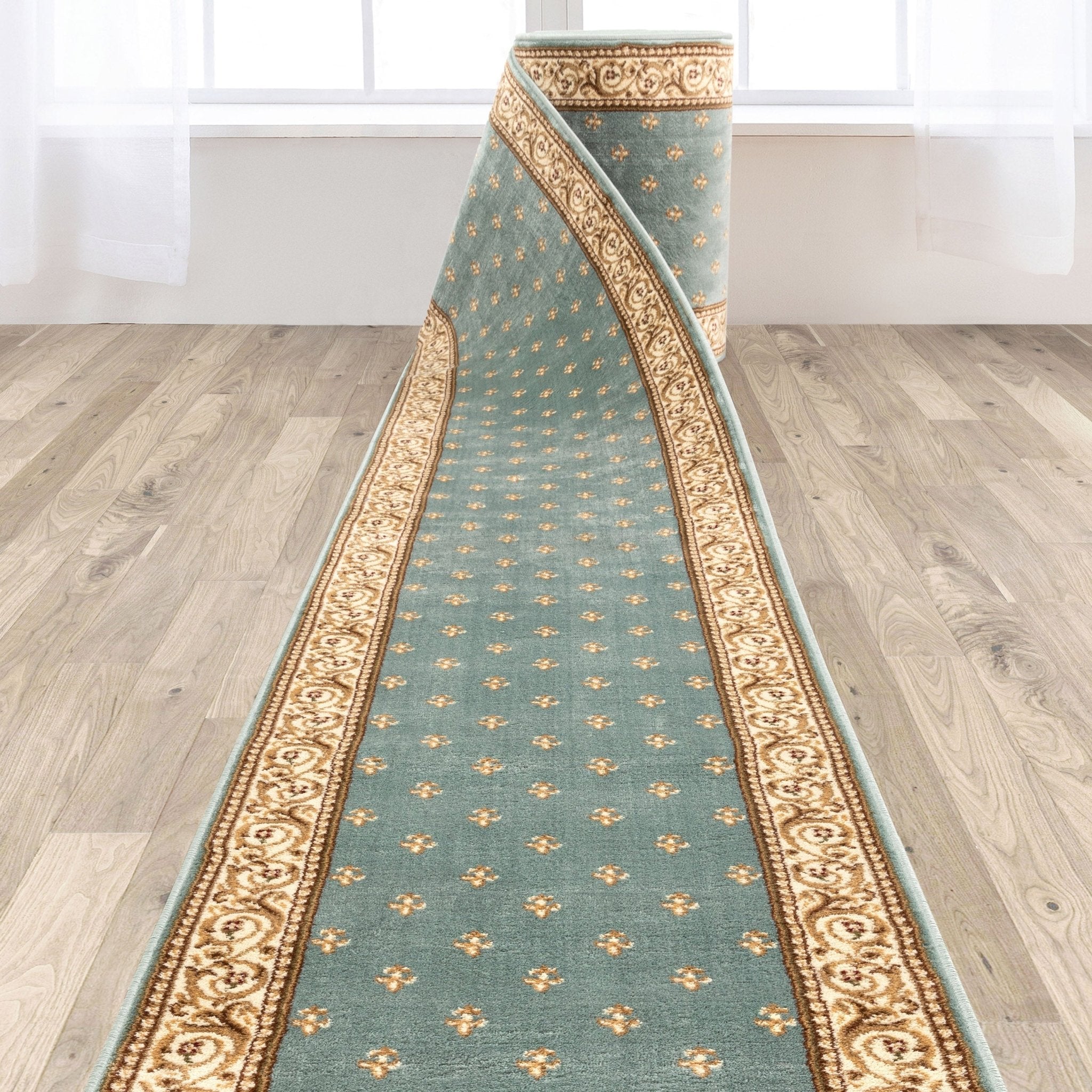 Custom Size Hallway & Stair Runner Fleur de Lis Traditional Light Blue  27 Inch Wide x Choose Your Custom Length Runner Rug Well Woven