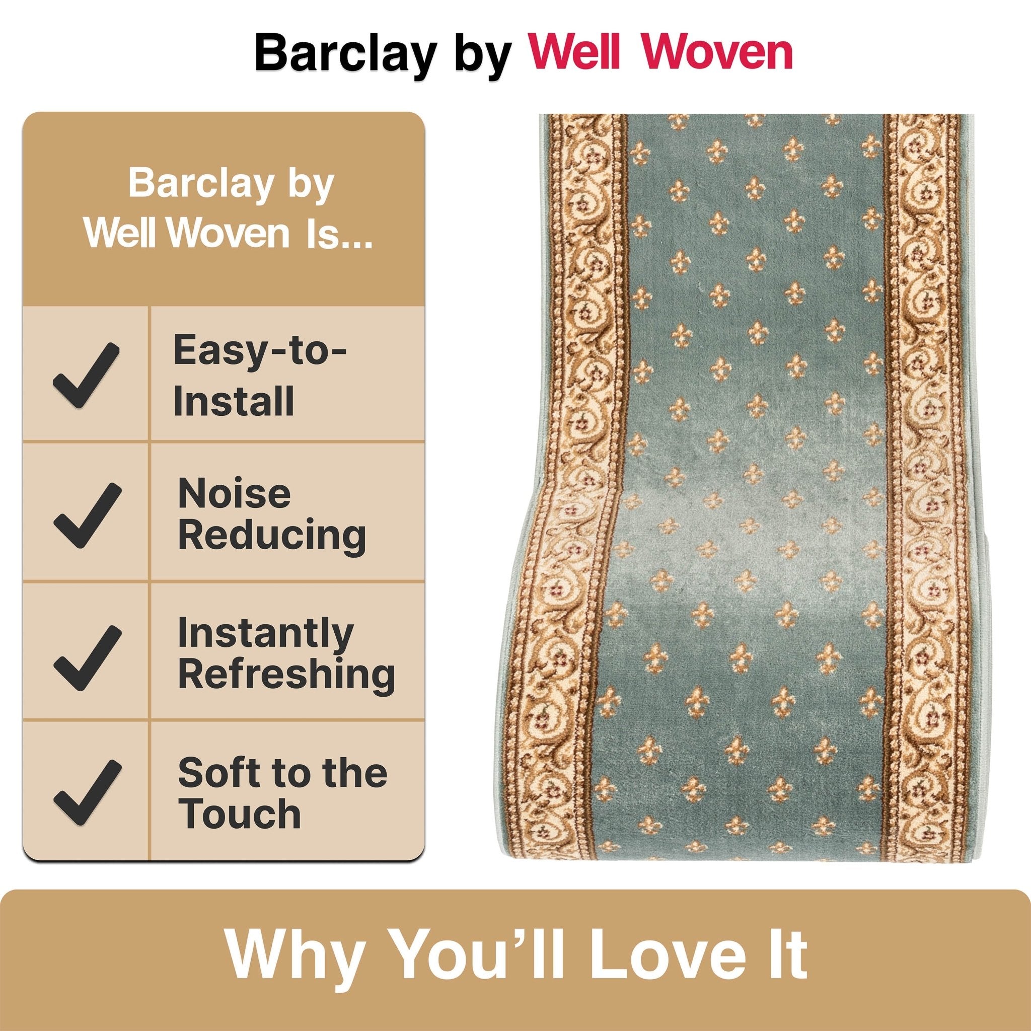 Custom Size Hallway & Stair Runner Fleur de Lis Traditional Light Blue  27 Inch Wide x Choose Your Custom Length Runner Rug Well Woven