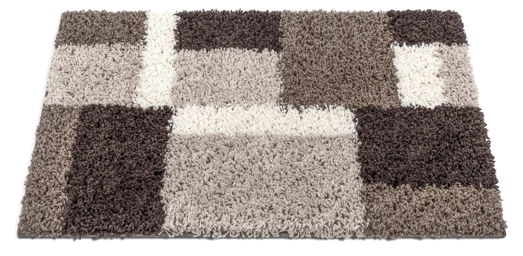 Cubes Beige Brown Modern Geo Rug - Well Woven - Side angle of the rug to showcase its plush height and soft texture in a neutral-toned color palette.