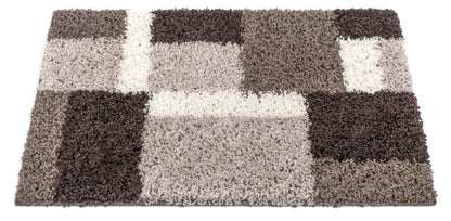 Cubes Beige Brown Modern Geo Rug - Well Woven - Side angle of the rug to showcase its plush height and soft texture in a neutral-toned color palette.
