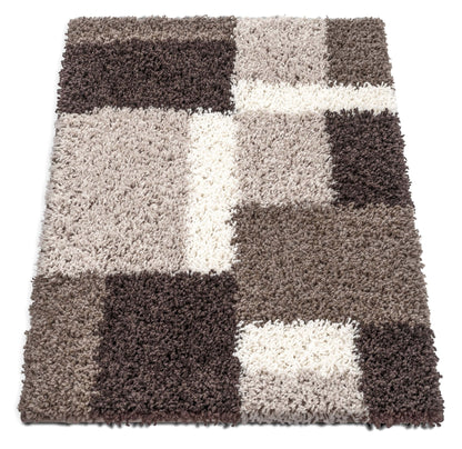 Cubes Beige Brown Modern Geo Rug - Well Woven - Full overhead shot of the rectangular shag rug, highlighting its thick, high-pile surface and modern square design.