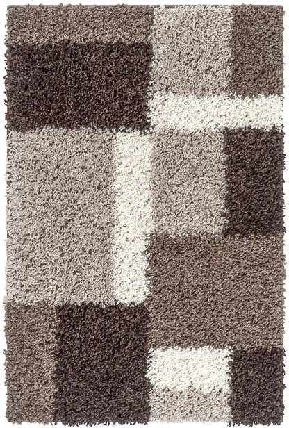 Cubes Beige Brown Modern Geo Rug - Well Woven - Overhead detail of the rug's pattern, showing large textured blocks in varying shades of brown, taupe, and cream.