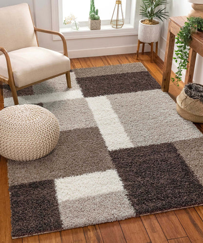 Cubes Beige Brown Modern Geo Rug - Well Woven - A shag rug in a living room, showing its plush texture and square block design.