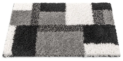 Cubes Black Contemporary Rug - Well Woven - Grey and white shag accent rug profile view