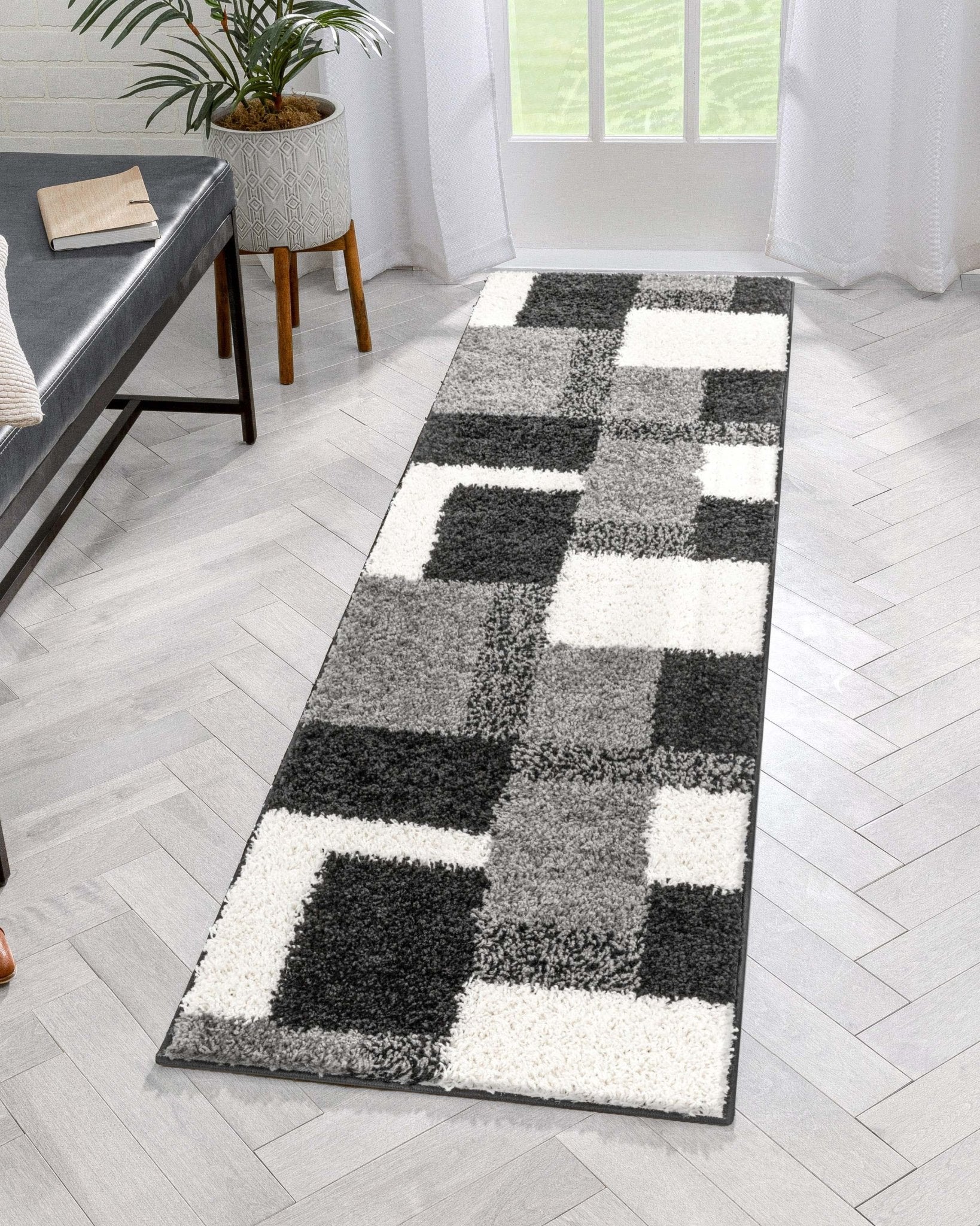 Cubes Black Contemporary Rug - Well Woven - Grey and white color block runner rug in an entryway