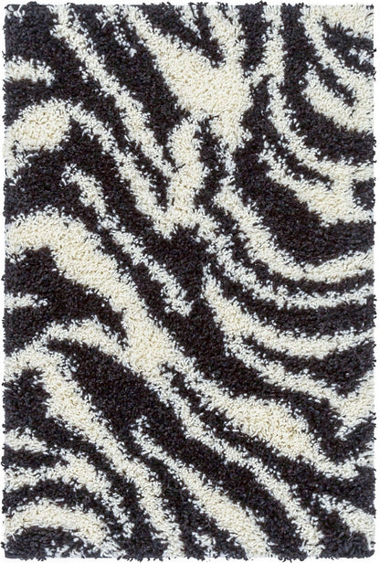 Safari Zebra Black Contemporary Shag Rug - Well Woven - Top-down view showing the full zebra stripe rug pattern and high-pile texture.