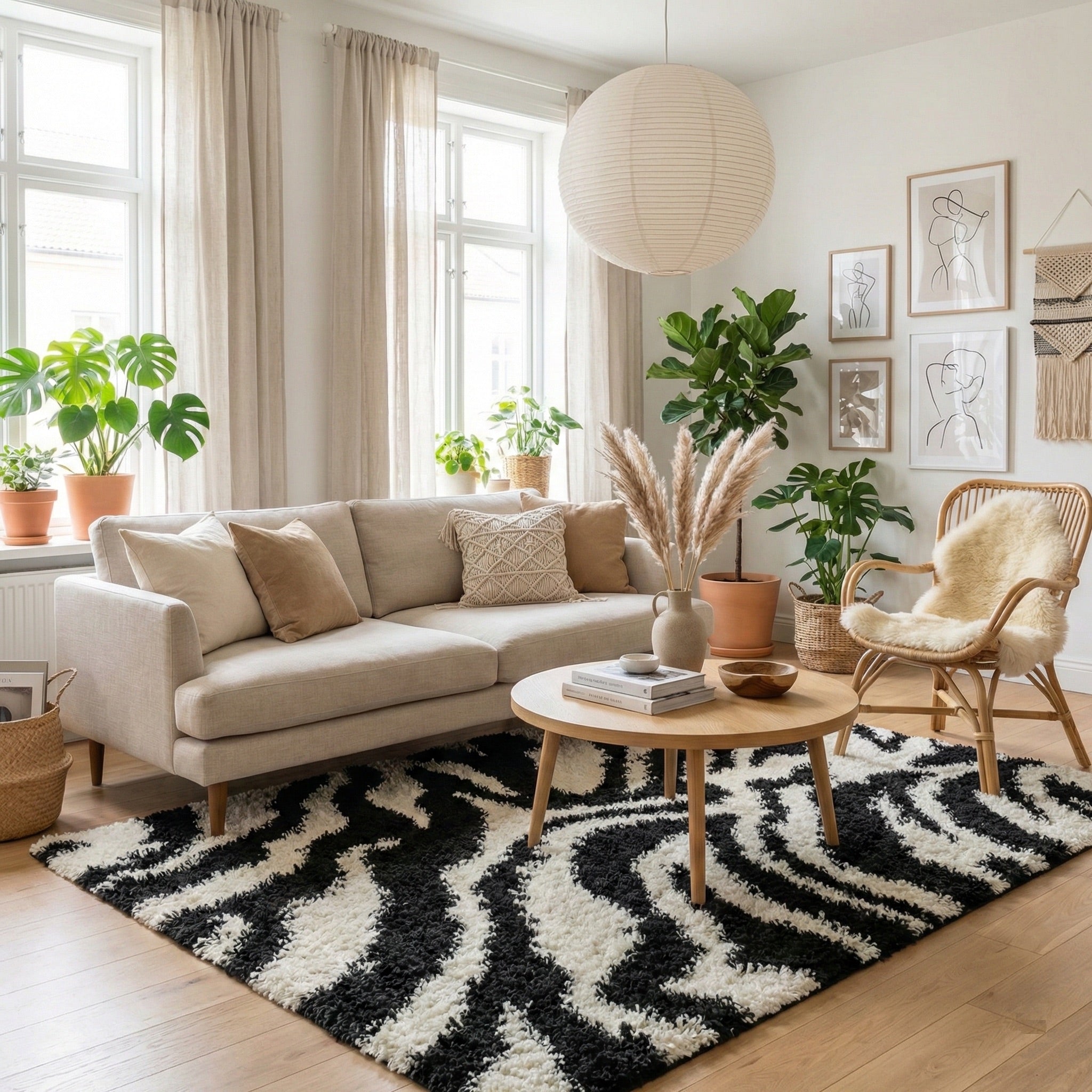 7033 - Modern living room with a beige sofa, round wooden coffee table, and decorative rug with black and white zebra stripes.